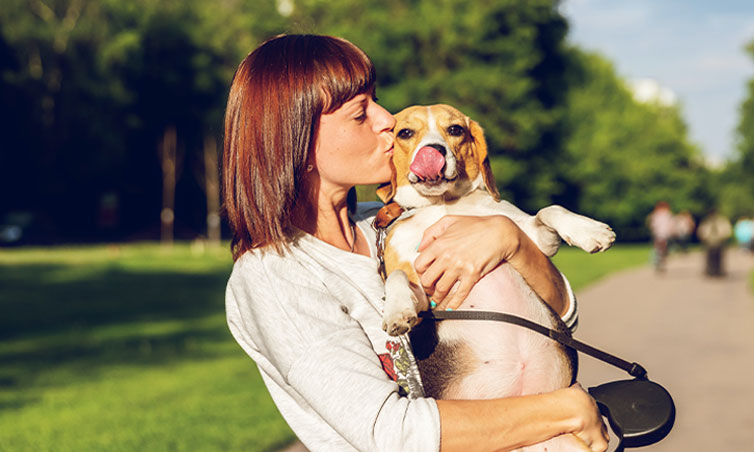A-woman-holding-and-kissing-her-beagle-on-the-head