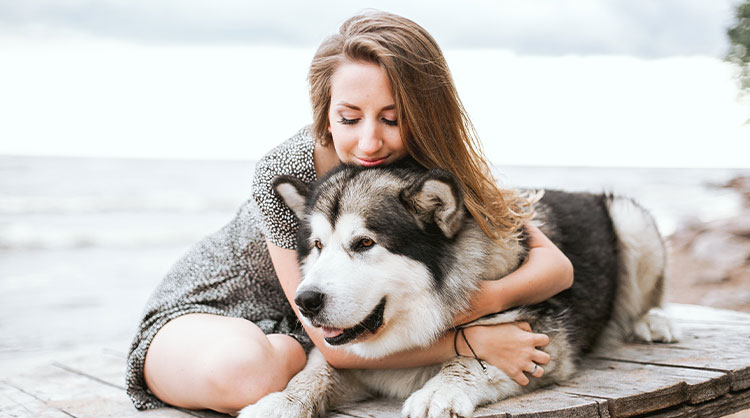 A-woman-cuddling-with-her-husky-on-the-beach